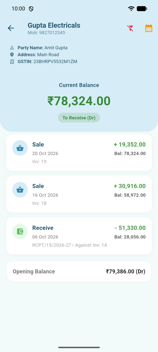 Party ledger with sales and receipts